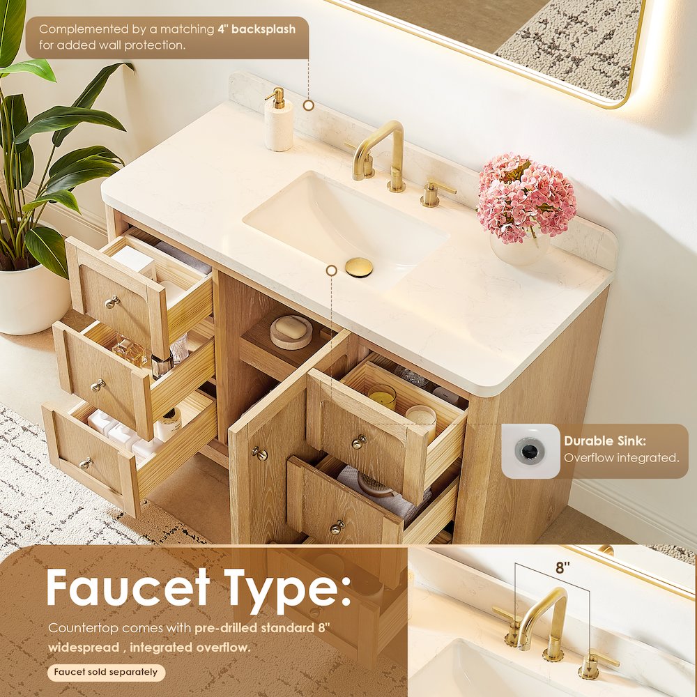 48"Single Bathroom Vanity in Brushed Oak,Grain White Engineered Stone Countertop