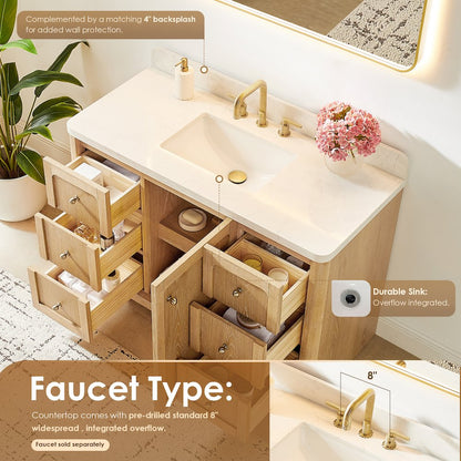 48"Single Bathroom Vanity in Brushed Oak,Grain White Engineered Stone Countertop
