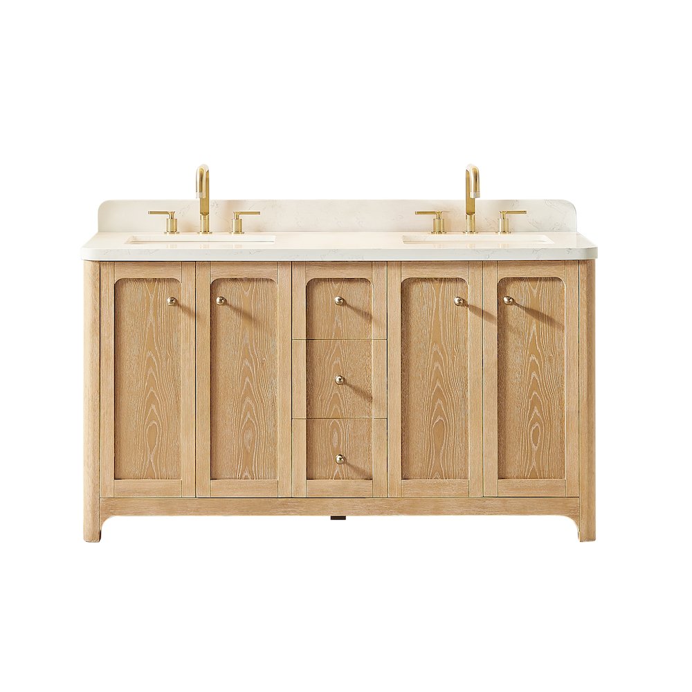 60"Double Bathroom Vanity in Brushed Oak,Grain White Engineered Stone Countertop