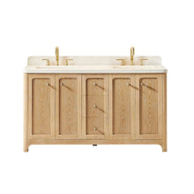 60"Double Bathroom Vanity in Brushed Oak,Grain White Engineered Stone Countertop