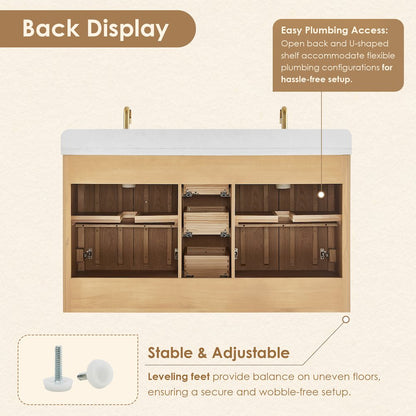 60"Double Bathroom Vanity in Brushed Oak,Grain White Engineered Stone Countertop