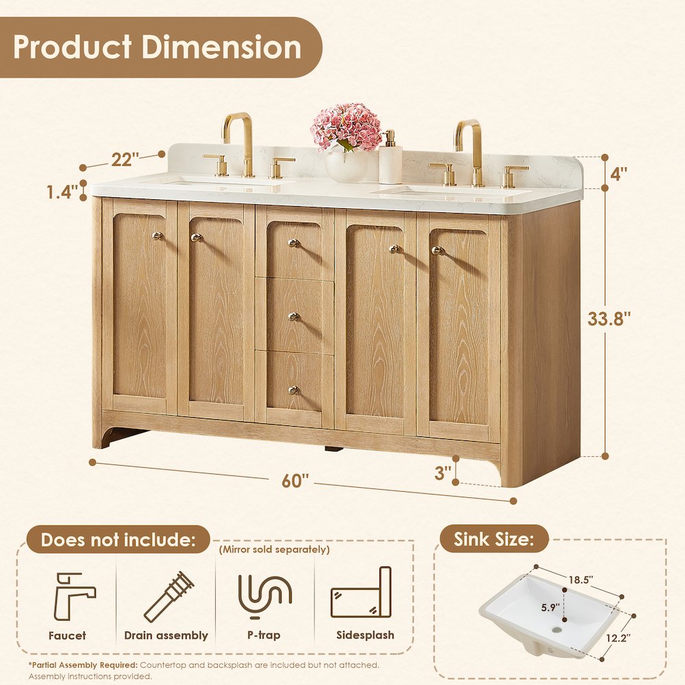 60"Double Bathroom Vanity in Brushed Oak,Grain White Engineered Stone Countertop