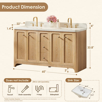 60"Double Bathroom Vanity in Brushed Oak,Grain White Engineered Stone Countertop