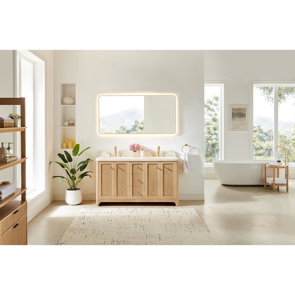 60"Double Bathroom Vanity in Brushed Oak,Grain White Engineered Stone Countertop