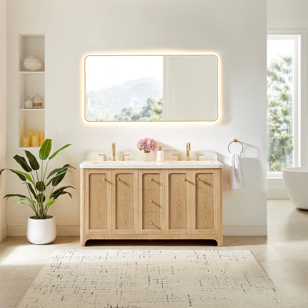 60"Double Bathroom Vanity in Brushed Oak,Grain White Engineered Stone Countertop