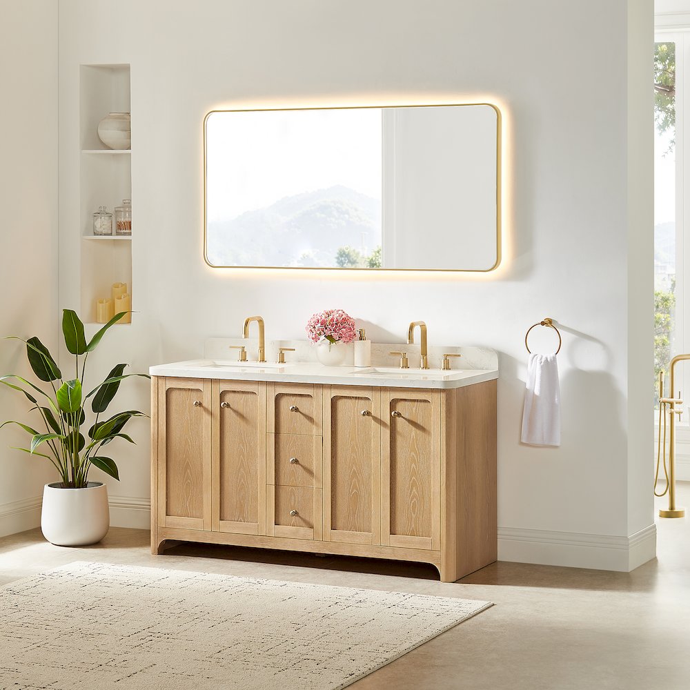 60"Double Bathroom Vanity in Brushed Oak,Grain White Engineered Stone Countertop