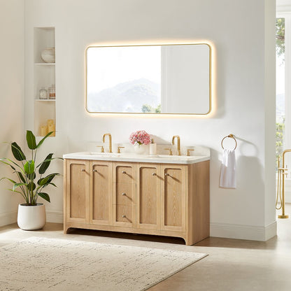 60"Double Bathroom Vanity in Brushed Oak,Grain White Engineered Stone Countertop