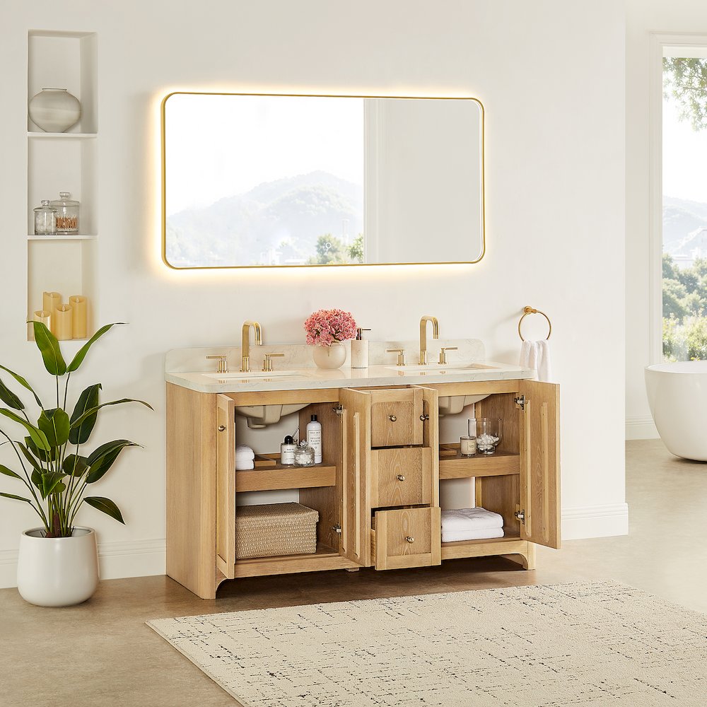 60"Double Bathroom Vanity in Brushed Oak,Grain White Engineered Stone Countertop