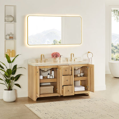 60"Double Bathroom Vanity in Brushed Oak,Grain White Engineered Stone Countertop