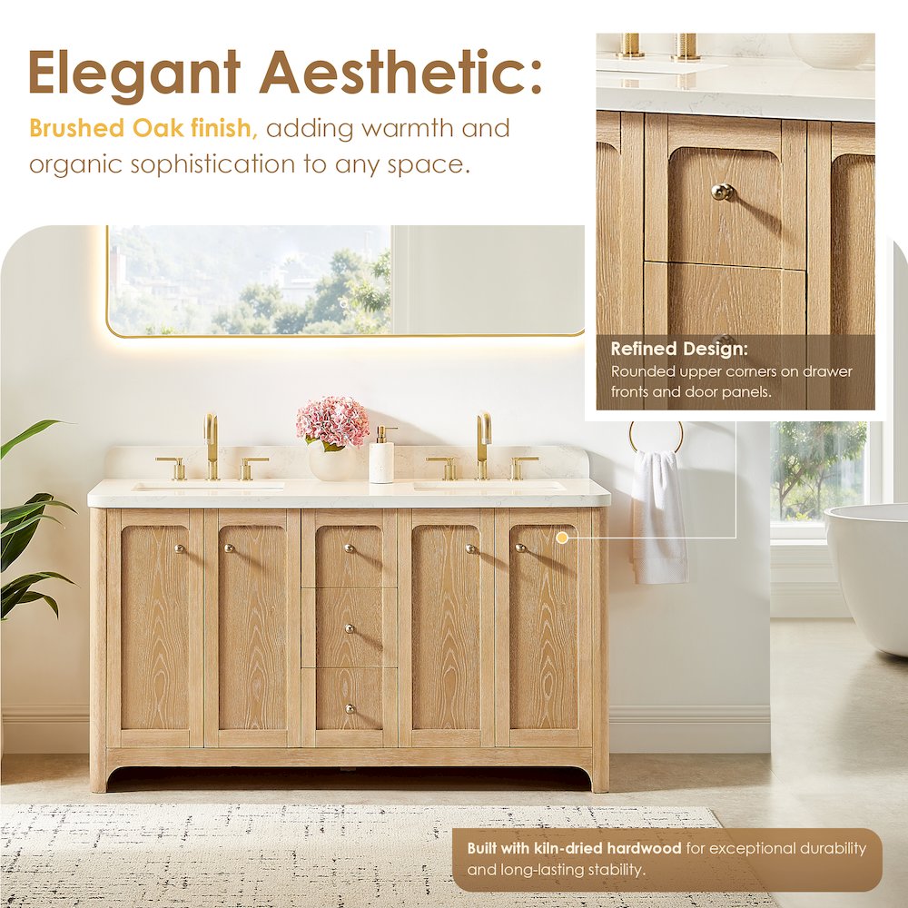 60"Double Bathroom Vanity in Brushed Oak,Grain White Engineered Stone Countertop