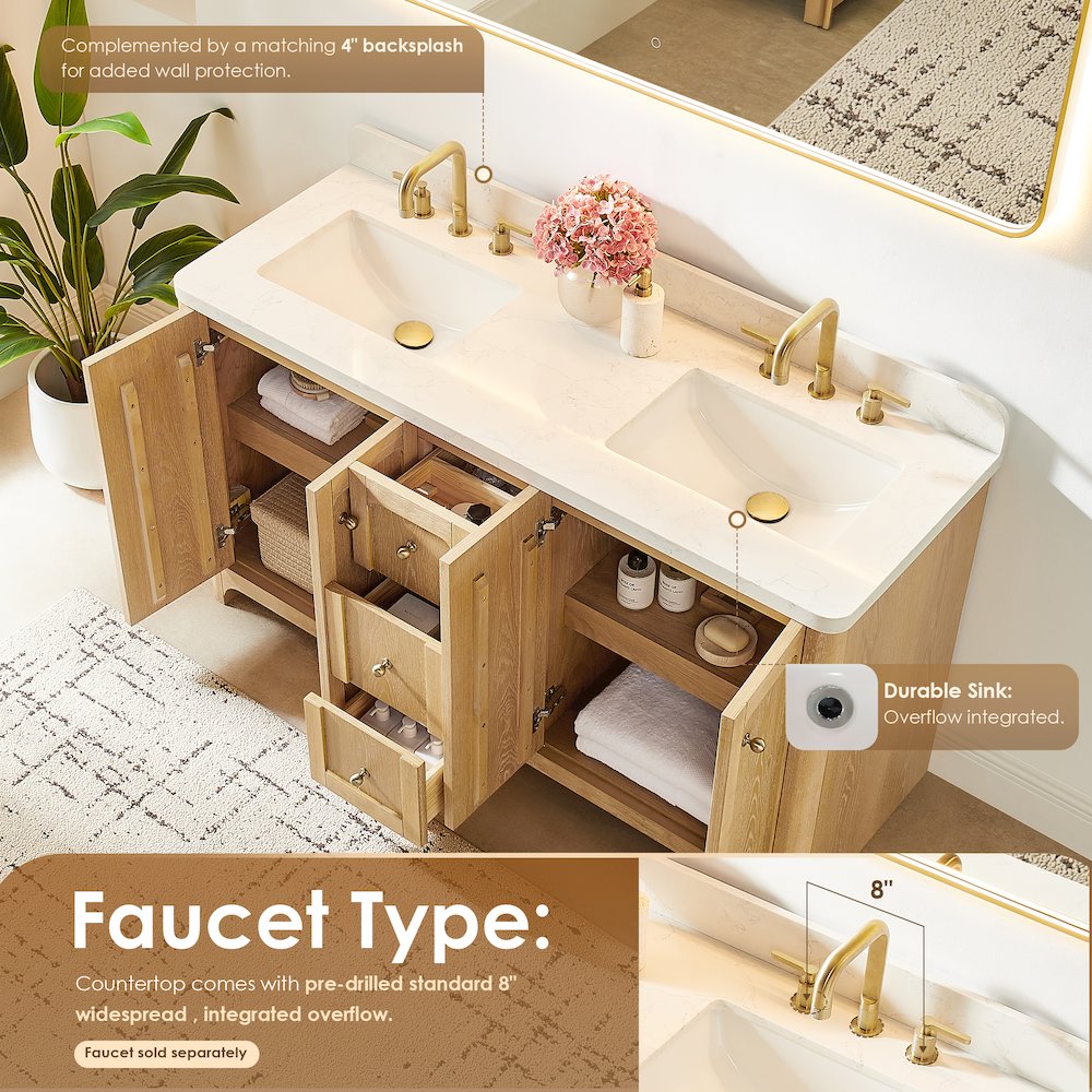 60"Double Bathroom Vanity in Brushed Oak,Grain White Engineered Stone Countertop
