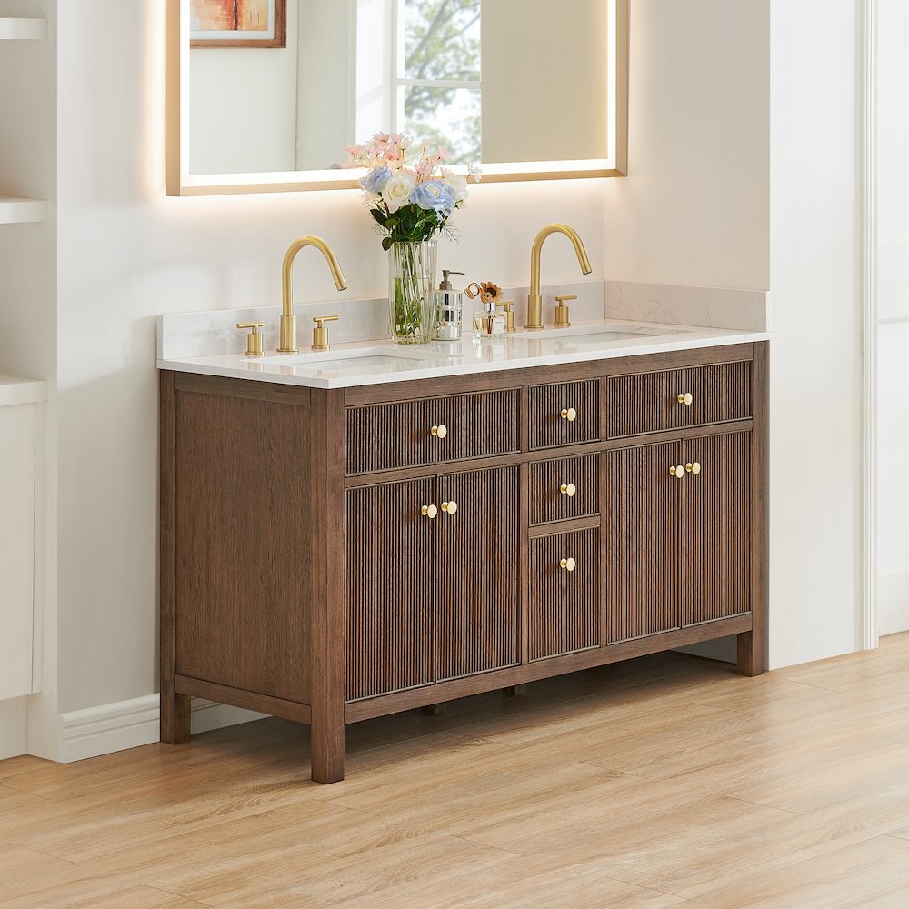 Double Bathroom Vanity in Brown Oak Grain White Engineered Stone Countertop