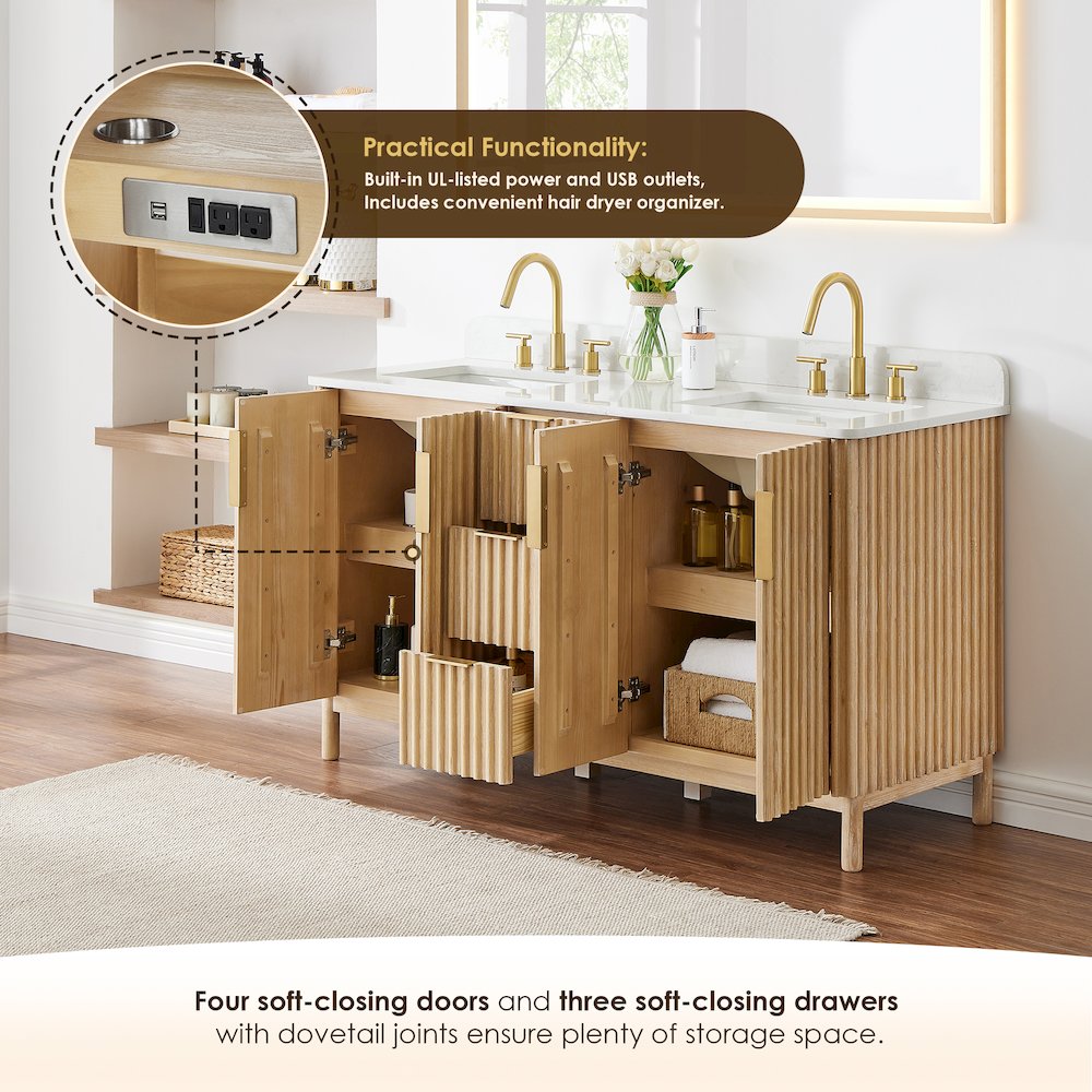 Double Bathroom Vanity in Washing Light Brown Grain White Engineered Stone