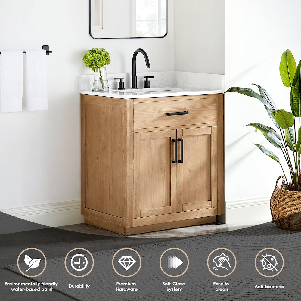 30" Single Bathroom Vanity in Light Brown with Grain White
