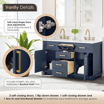 54" Double Bathroom Vanity in Royal Blue with Grain White