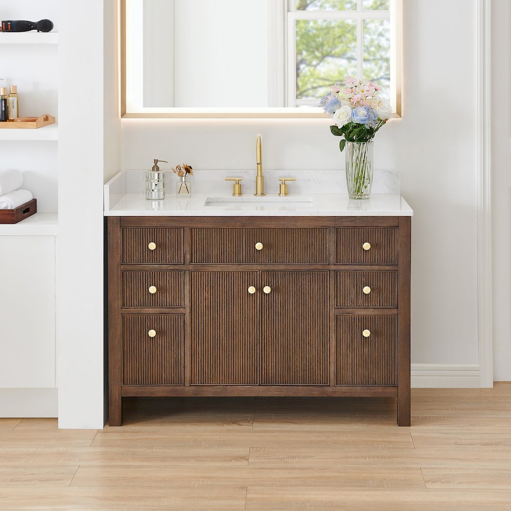 Single Bathroom Vanity in Brown Oak Grain White Engineered Stone Countertop