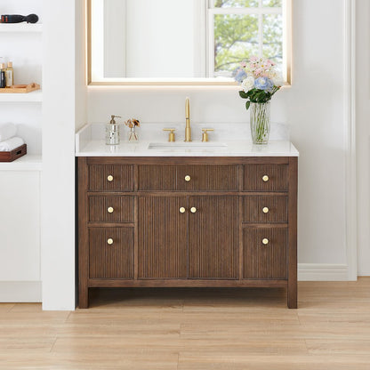 Single Bathroom Vanity in Brown Oak Grain White Engineered Stone Countertop