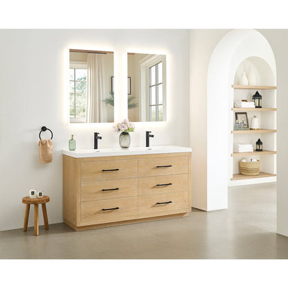 72" Double Bathroom Vanity in White Oak with White Artificial Drop-in Sink