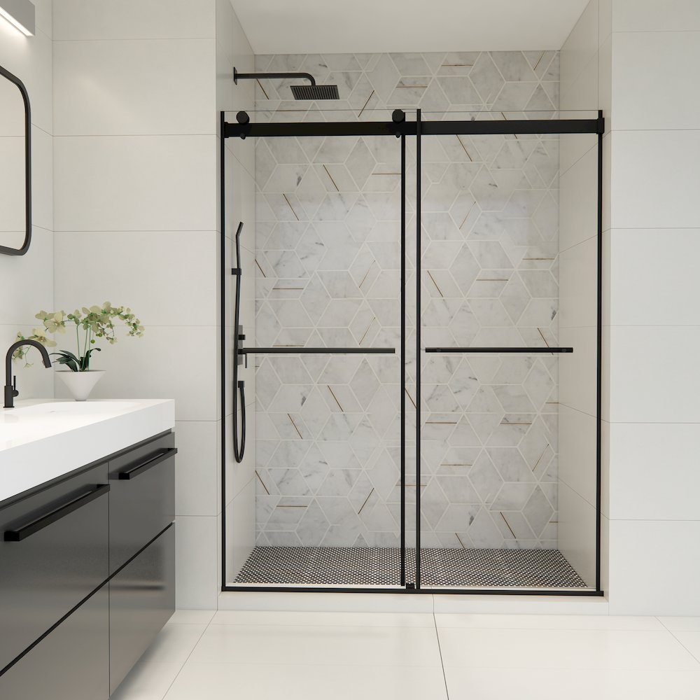 Frameless Exposed Roller Shower Door in Matte Black with Clear Glass