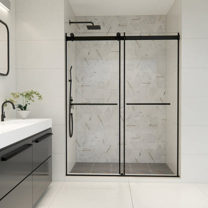 Frameless Exposed Roller Shower Door in Matte Black with Clear Glass