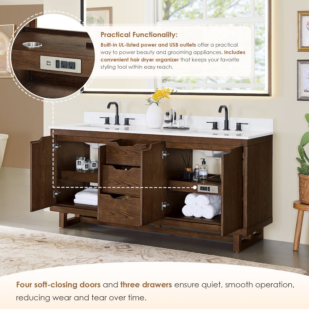 72" Double Bathroom Vanity in Brown Brushed Oak with Grain White