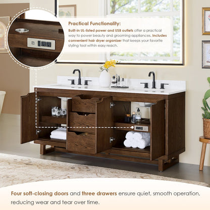 72" Double Bathroom Vanity in Brown Brushed Oak with Grain White
