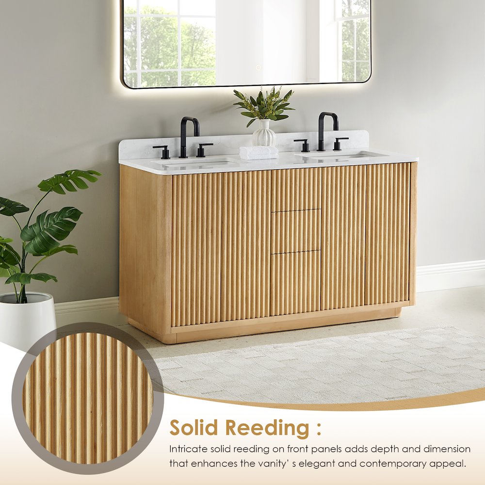 60" Double Bathroom Vanity in Washed Light Brown with Grain White