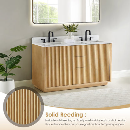 60" Double Bathroom Vanity in Washed Light Brown with Grain White