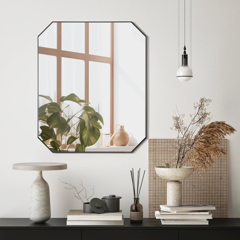 36"x30" Octagon Aluminum Framed in Matte Black Modern Bathroom Wall Mirror
