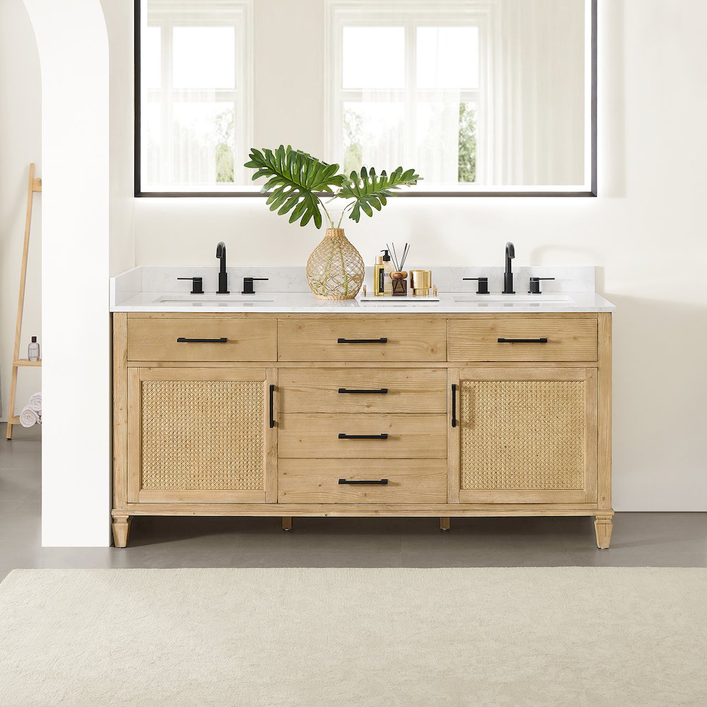 72" Double Bathroom Vanity in with Grain White Engineered Stone Countertop