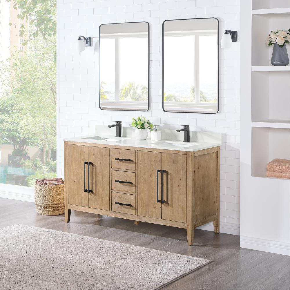 Double Bathroom Vanity in Weathered Fir with Stone Countertop with Mirror
