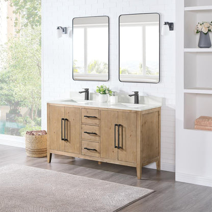 Double Bathroom Vanity in Weathered Fir with Stone Countertop with Mirror