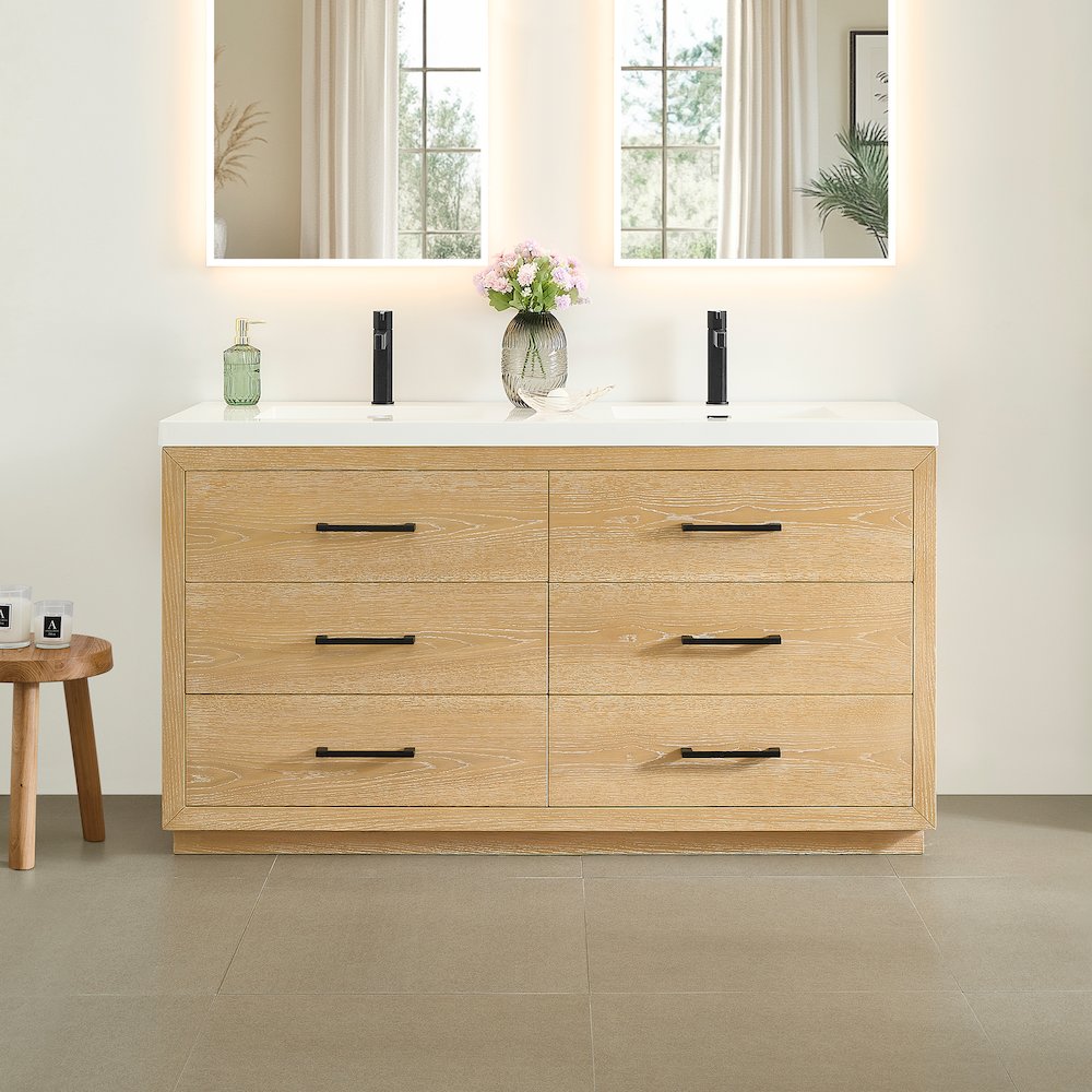 60" Double Bathroom Vanity in White Oak with White Artificial Drop-in Sink
