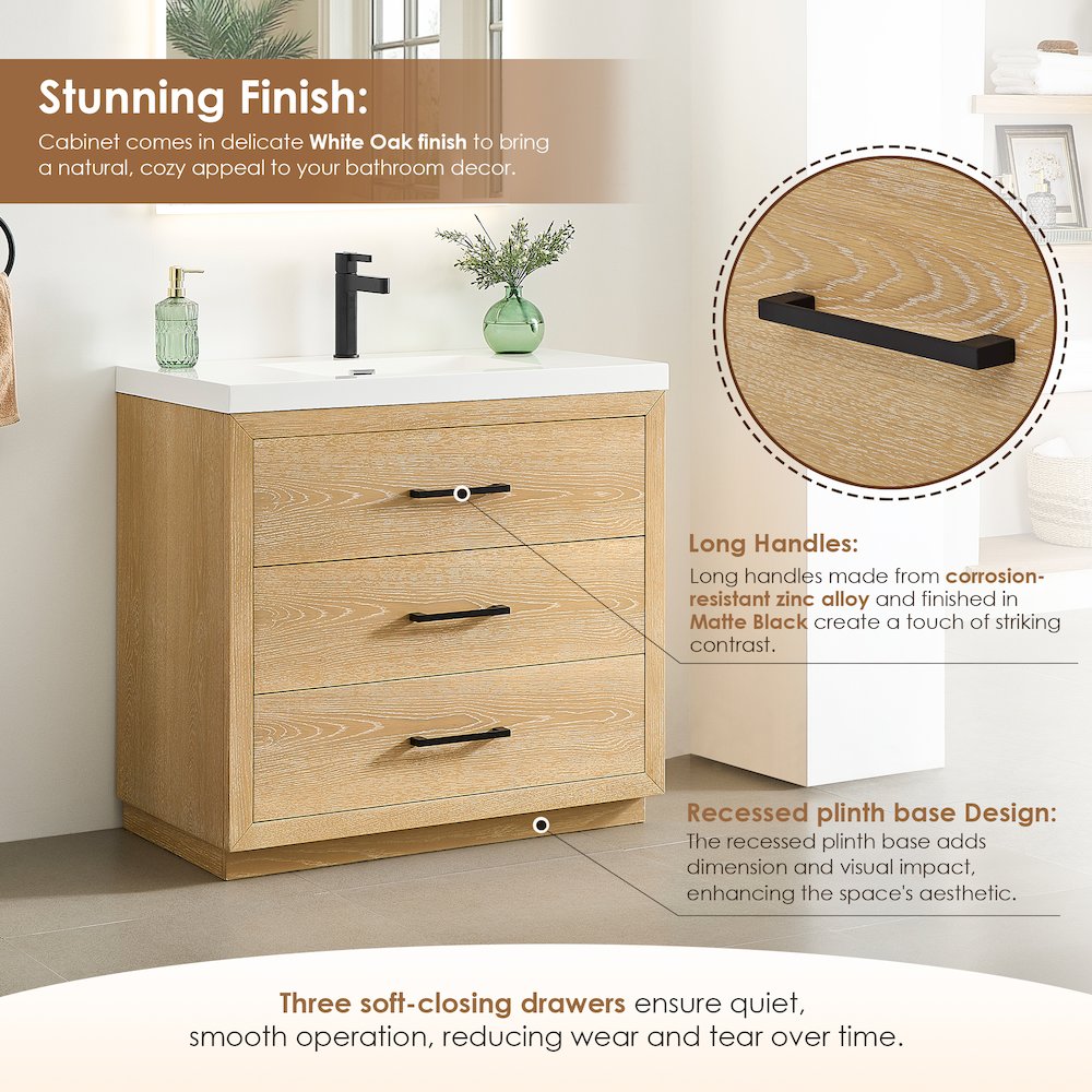 36" Single Bathroom Vanity in White Oak with White Artificial Drop-in Sink