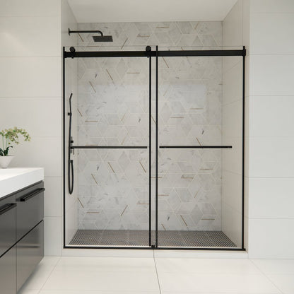 Frameless Exposed Roller Shower Door in Matte Black with Clear Glass
