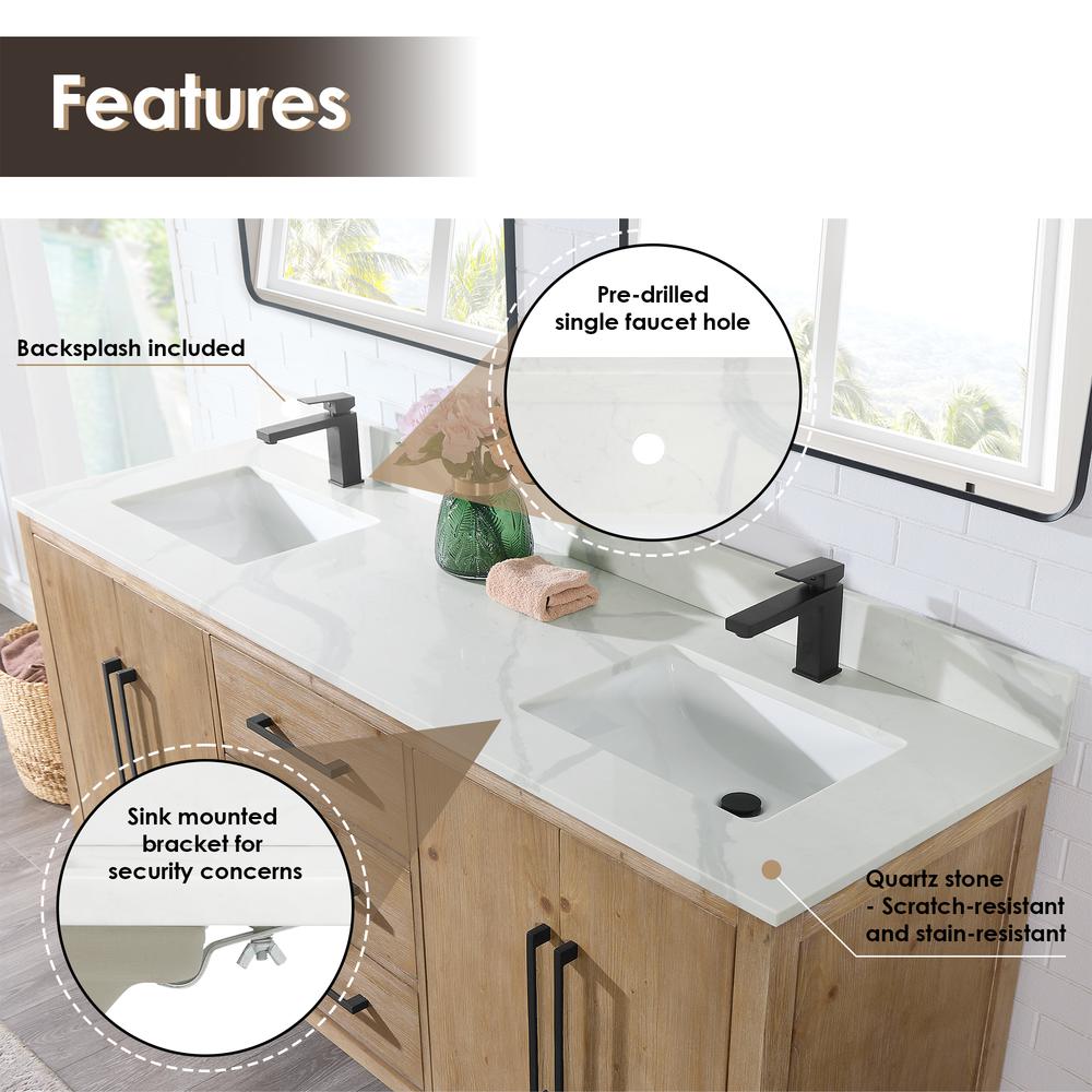 Arbios 72. in Quartz Stone Vanity Top in Calacatta White with White Sink