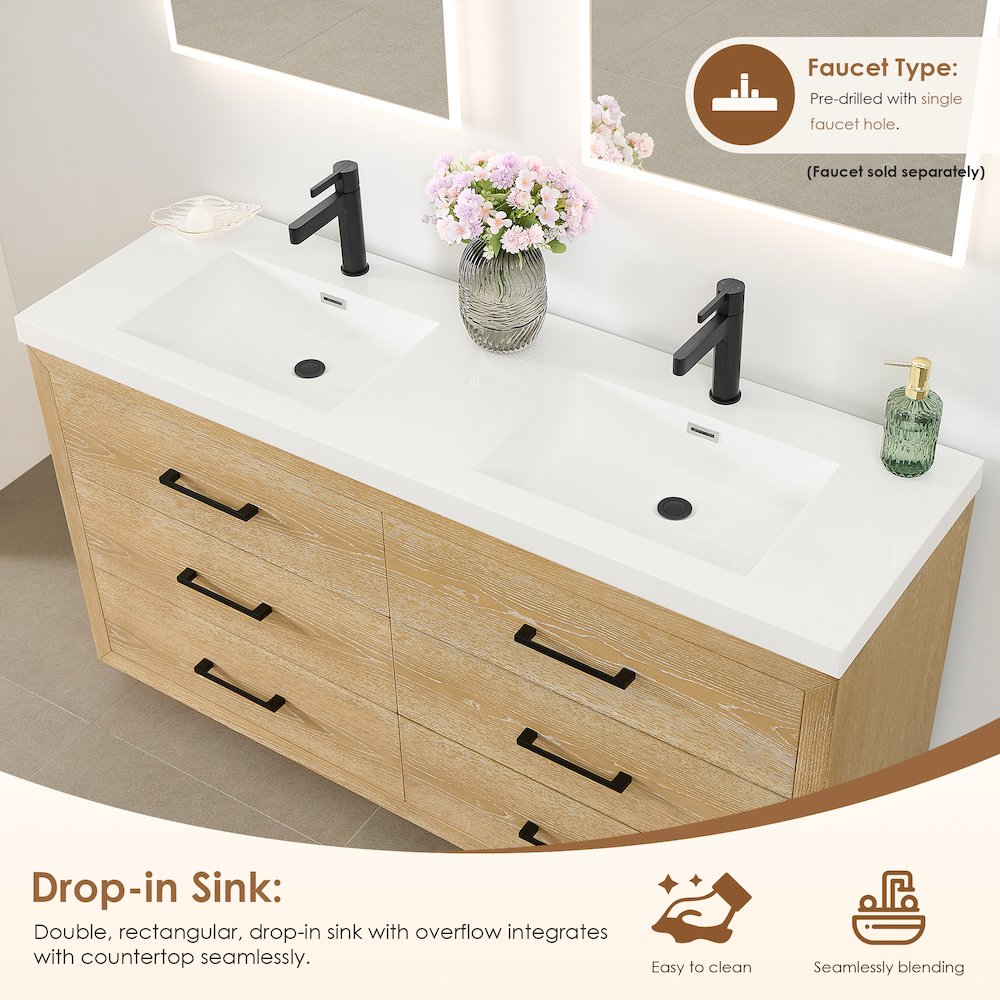 60" Double Bathroom Vanity in White Oak with White Artificial Drop-in Sink
