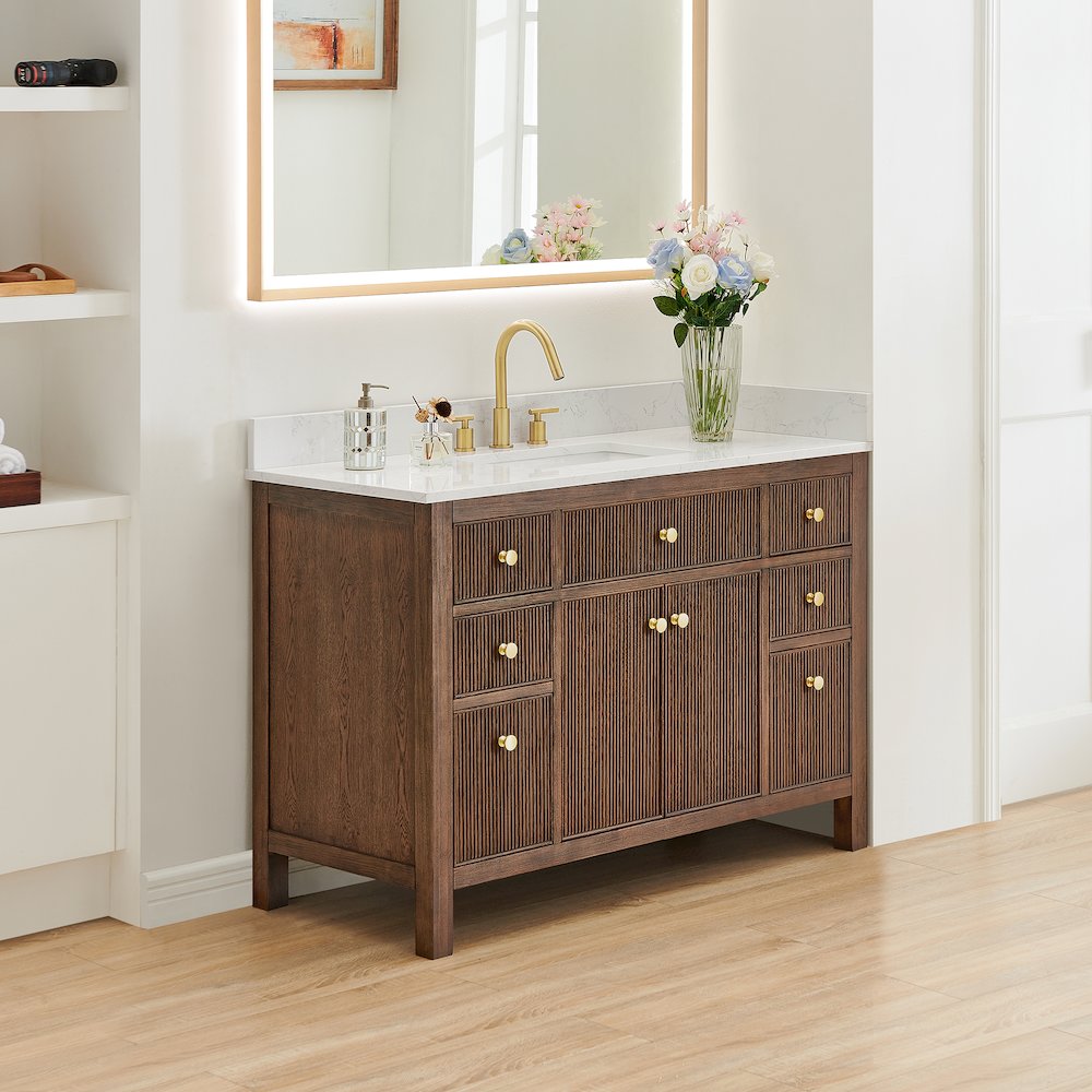 Single Bathroom Vanity in Brown Oak Grain White Engineered Stone Countertop