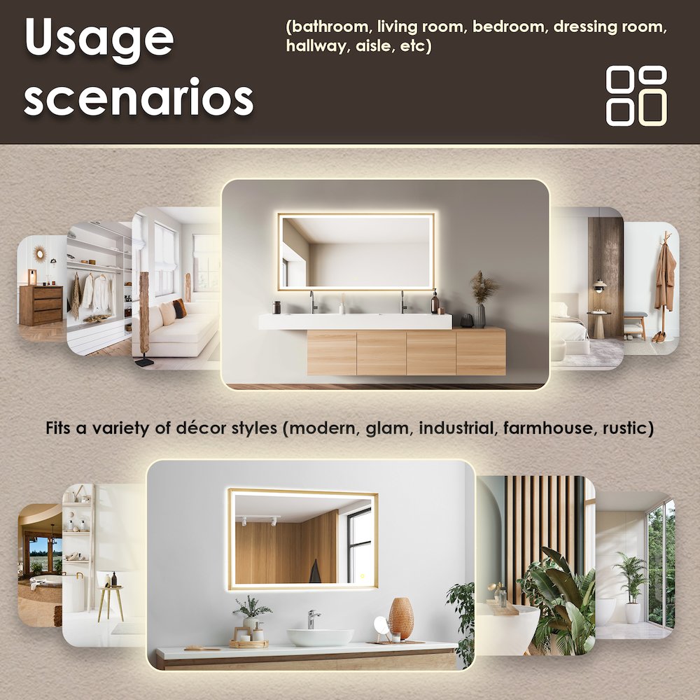 60"x30" Rectangular Wall Mirror in Brushed Gold Aluminum Framed