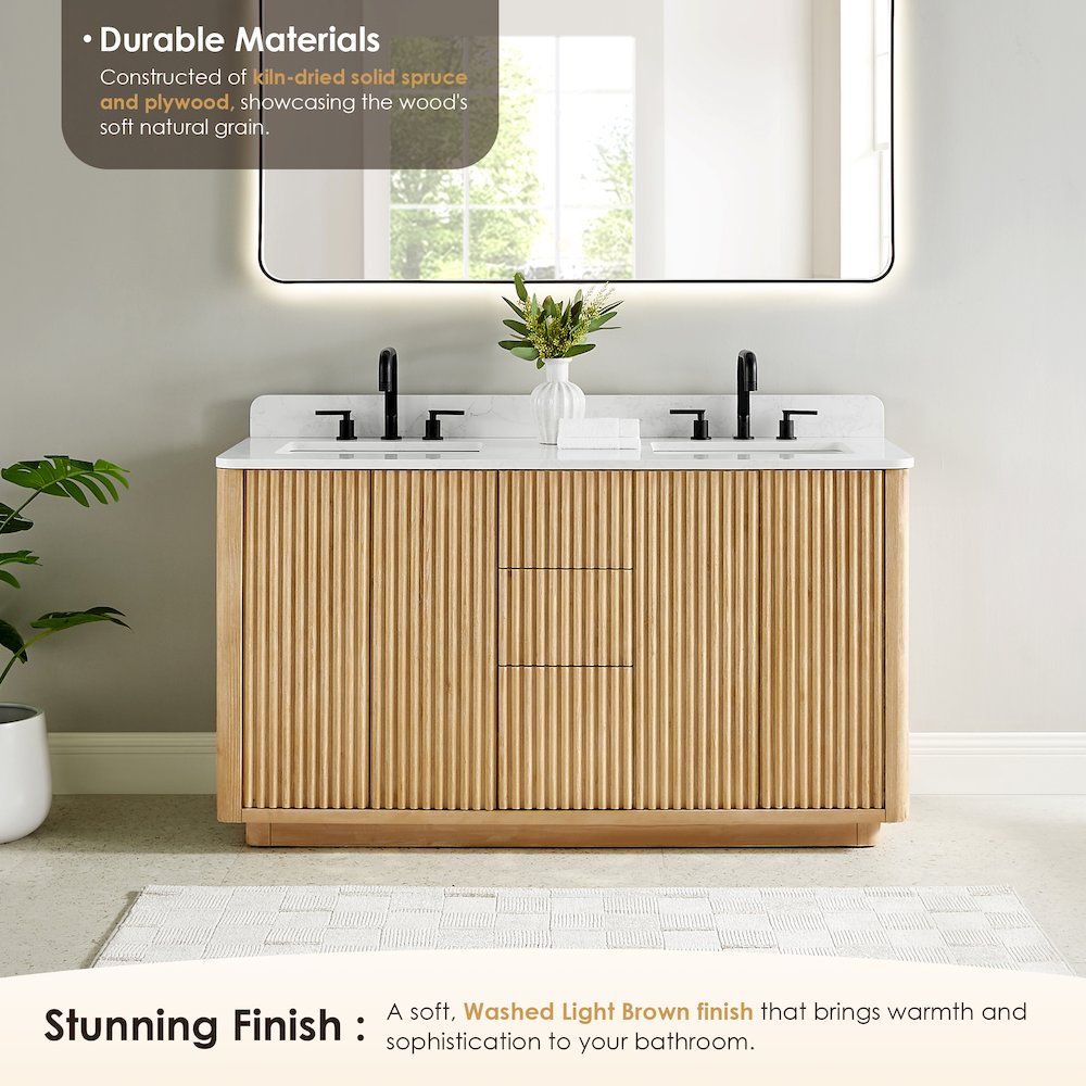 60" Double Bathroom Vanity in Washed Light Brown with Grain White