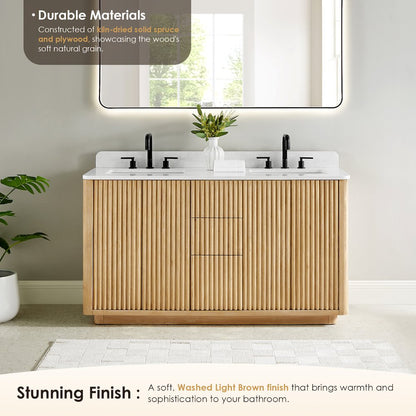 60" Double Bathroom Vanity in Washed Light Brown with Grain White