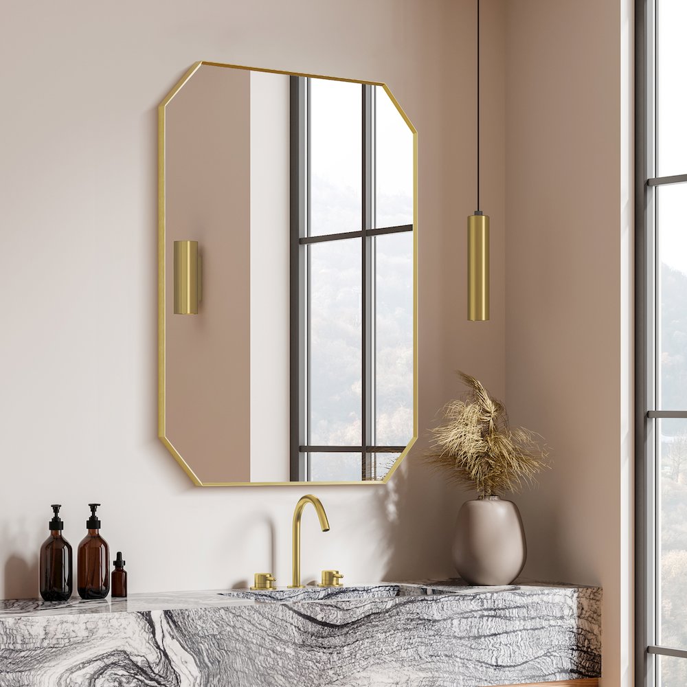 36"x30" Octagon Aluminum Framed in Brushed Gold Modern Bathroom Wall Mirror