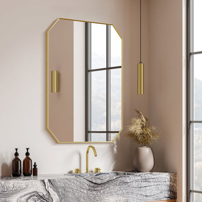 36"x30" Octagon Aluminum Framed in Brushed Gold Modern Bathroom Wall Mirror