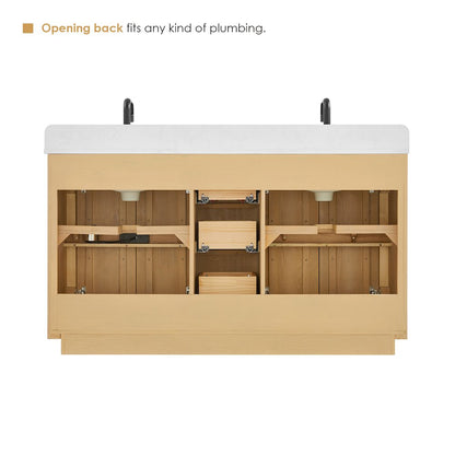 60" Double Bathroom Vanity in Washed Light Brown with Grain White