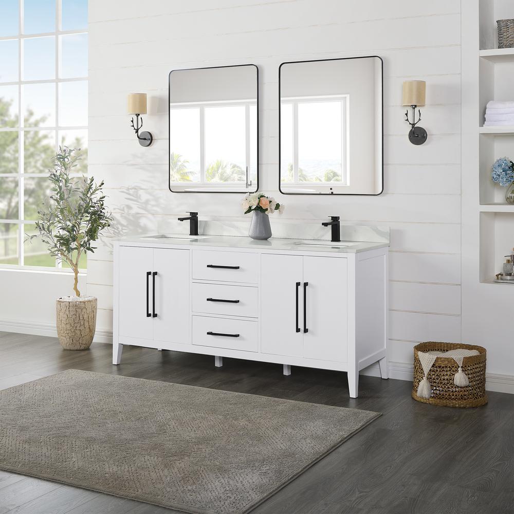 Double Bathroom Vanity in White with White Quartz Stone Countertop with Mirror