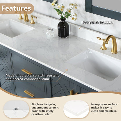 Ceres 73. in Engineered Stone Vanity Top in Grain White with Double White Sink