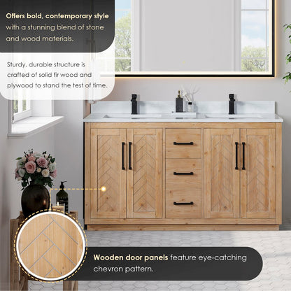 60" Double Bathroom Vanity with Grain White Countertop without Mirror