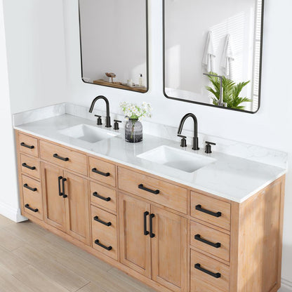 84" Double Bathroom Vanity in Light Brown with Mirror