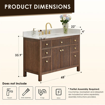 Single Bathroom Vanity in Brown Oak Grain White Engineered Stone Countertop