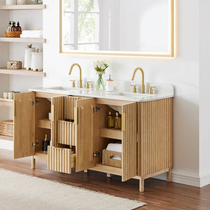 Double Bathroom Vanity in Washing Light Brown Grain White Engineered Stone